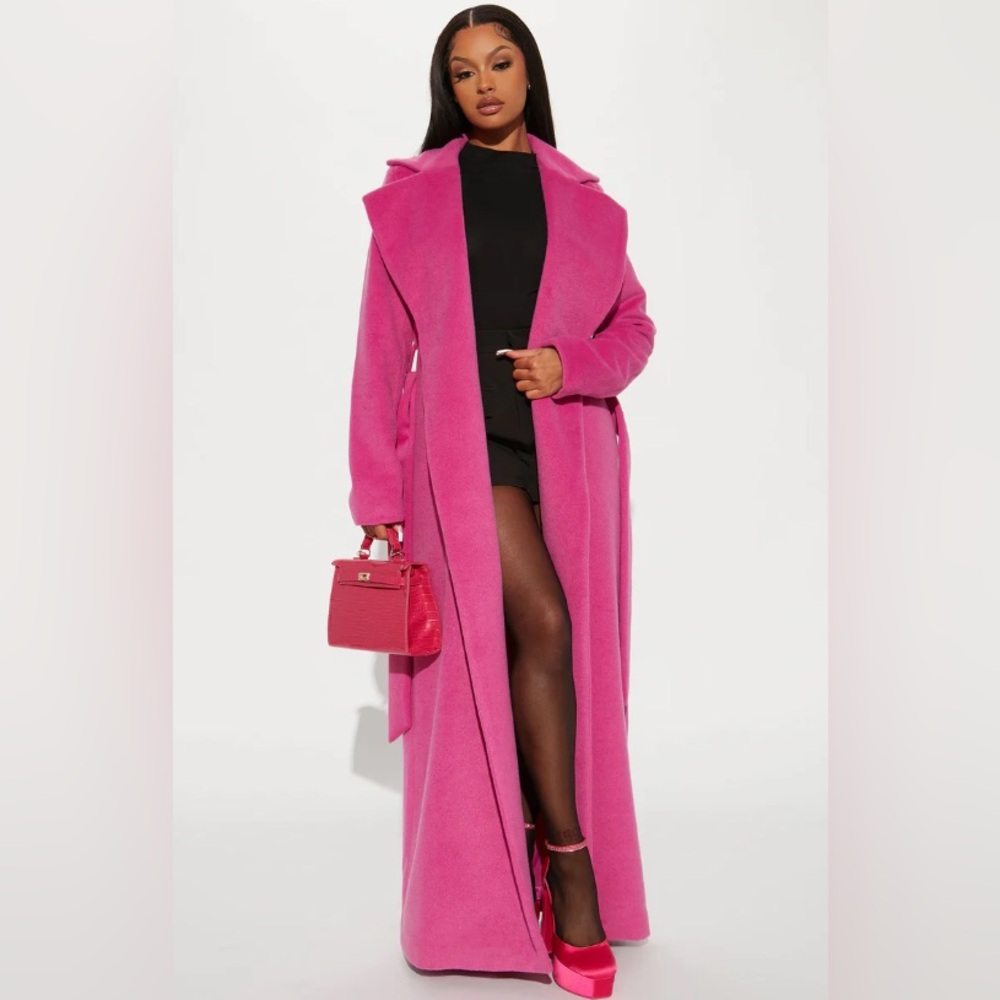 Full-Length Pink Belted Trench Coat With Back Slit